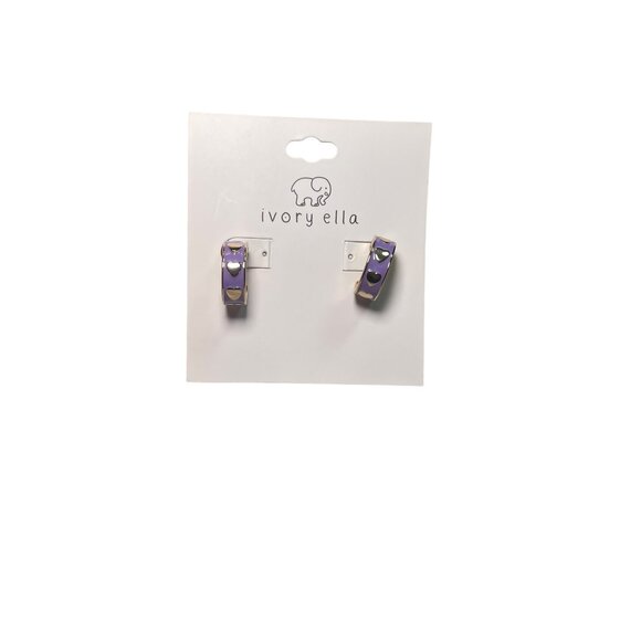 Ivory Ella Gold Huggie Hoop Earrings Purple Enamel with Gold Hearts NWT - Picture 2 of 5